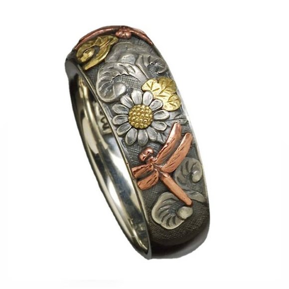 Carved Ring Sunflower Dragonfly Retro Colors Boho Size 7 Size 9 New - Picture 10 of 13